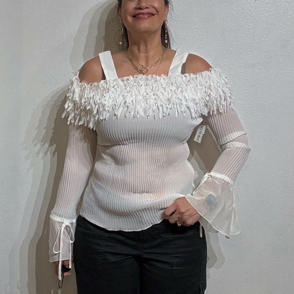Kaelyn Max II White Off Shoulder Pleated Fringe Blouse Sz L NWT